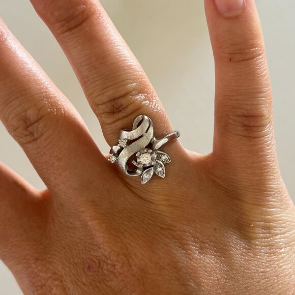 Antique Art Deco 14k White Gold Diamond Cocktail Ring Vintage Size 6 - Picture 5 of 7